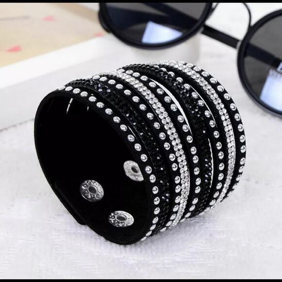 Black Faux Suede Wide Multi strand Rhinestone Studded Goth Glam style Bracelets - Picture 1 of 3